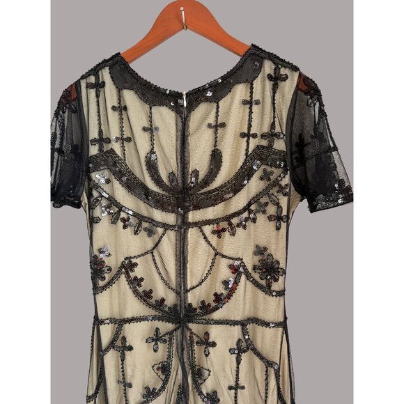 Vintage-Inspired Black Sequin Embellished Maxi Gown With Sheer Tulle Overlay & S - Picture 8 of 8